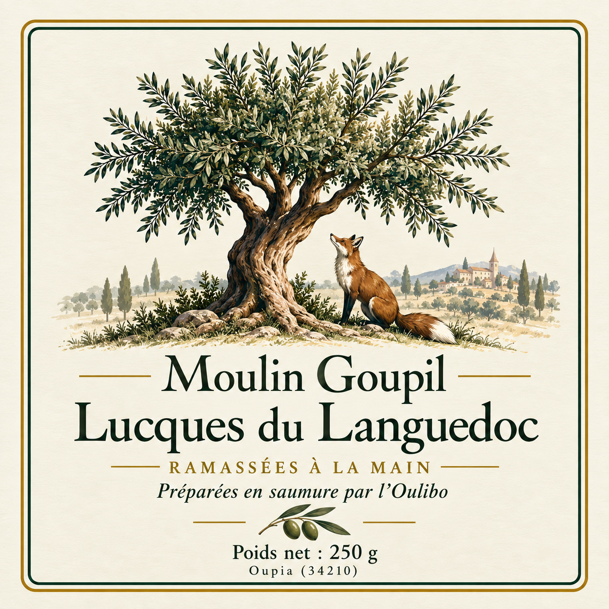L’étiquette originale Moulin Goupil : un renard assis sous un olivier, devant un village du Languedoc