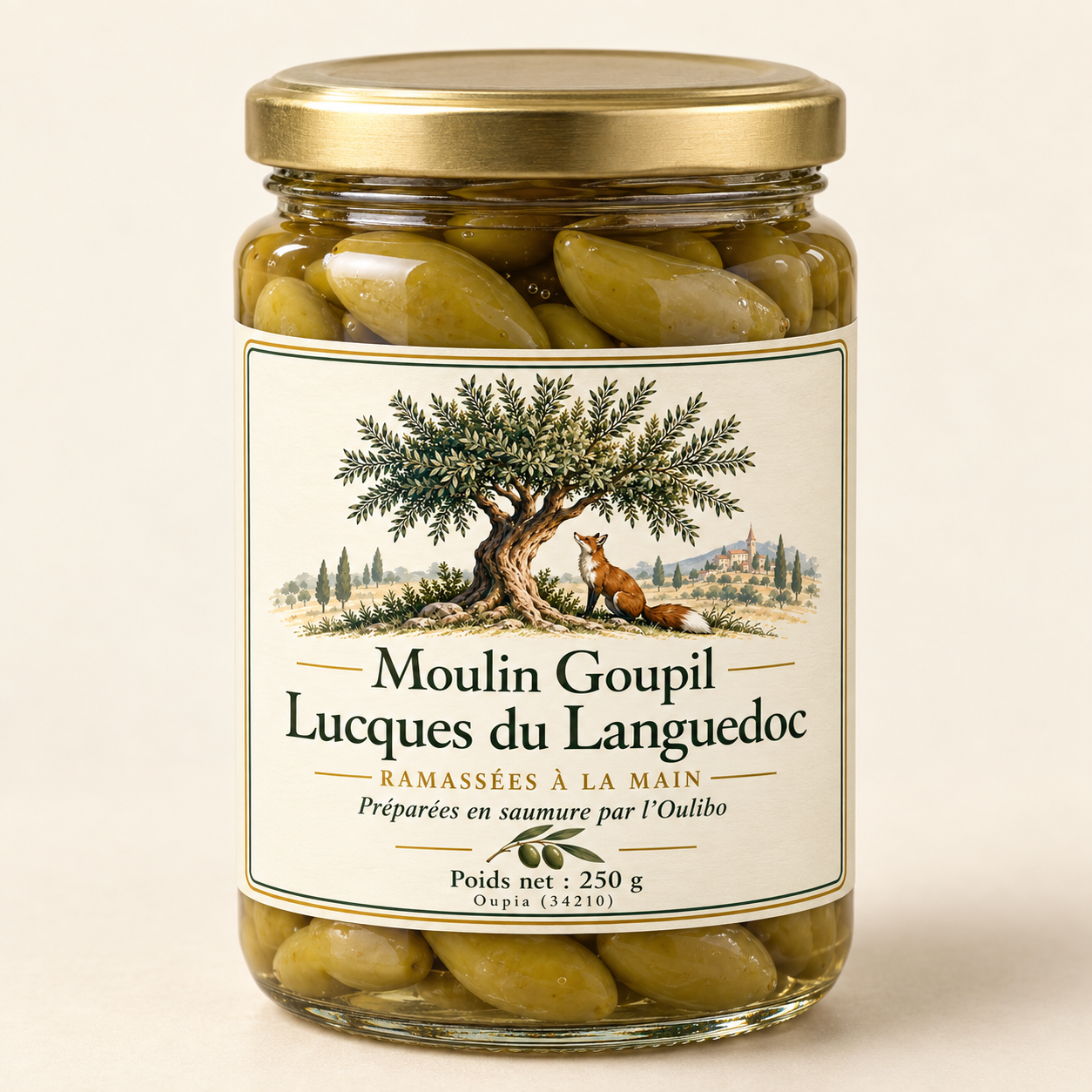 Mockup du bocal Moulin Goupil de Lucques du Languedoc, 250 g, avec l’étiquette au renard et à l’olivier