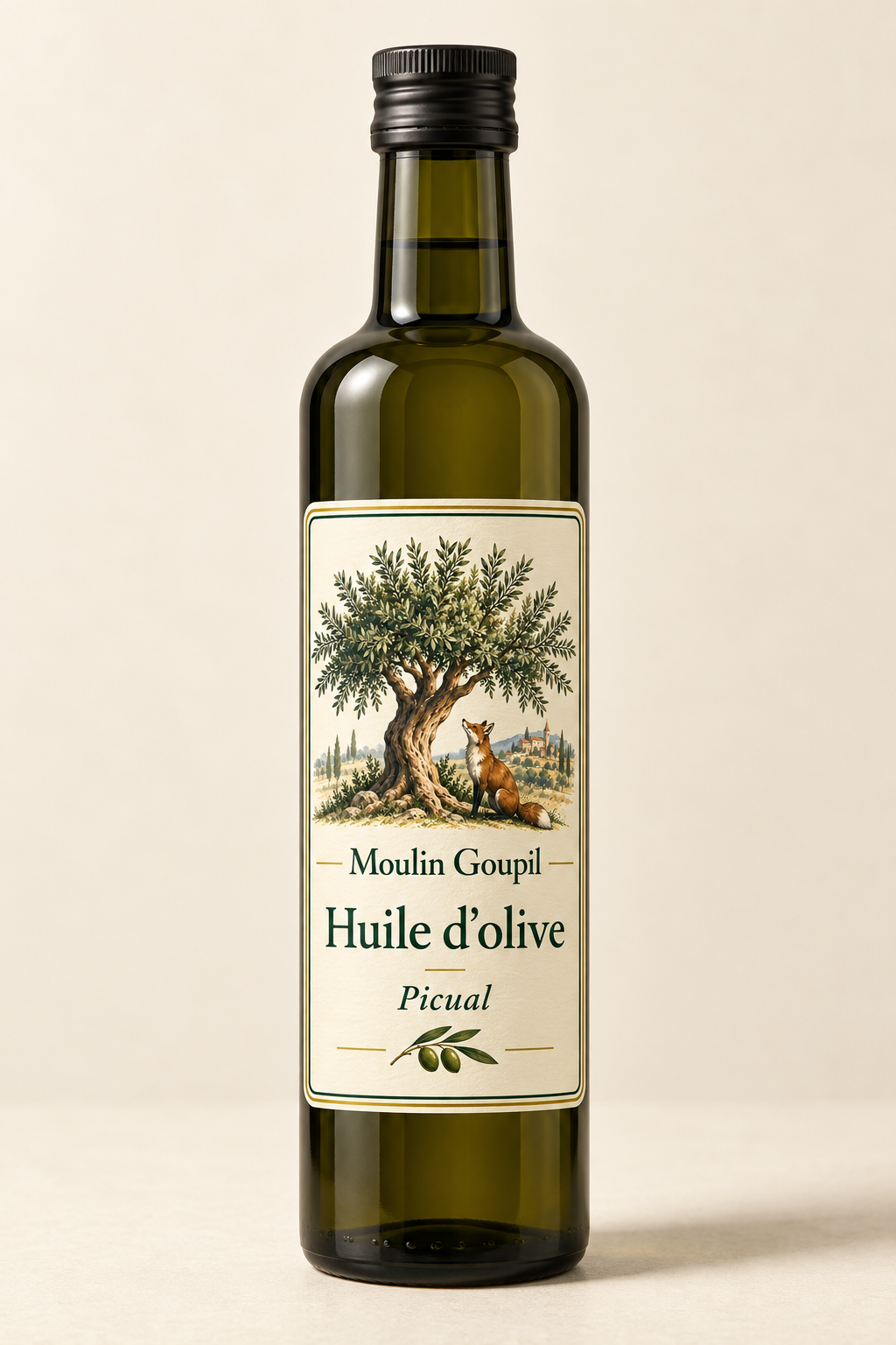Bouteille en verre sombre d’huile d’olive Picual Moulin Goupil