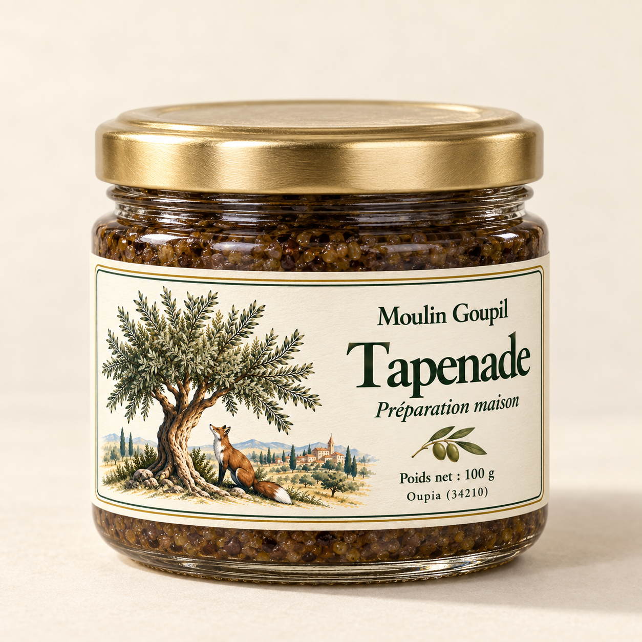 Petit pot en verre de tapenade maison Moulin Goupil, 100 g